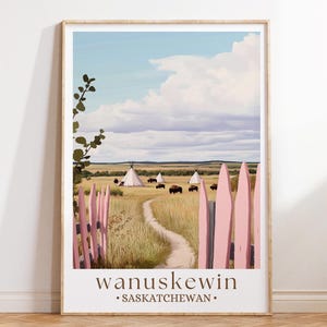 Póster de viaje de Wanuskewin, Canadá, arte de patrimonio indígena, impresión de paisaje de Saskatchewan, decoración de viajes culturales, regalo de Canadá