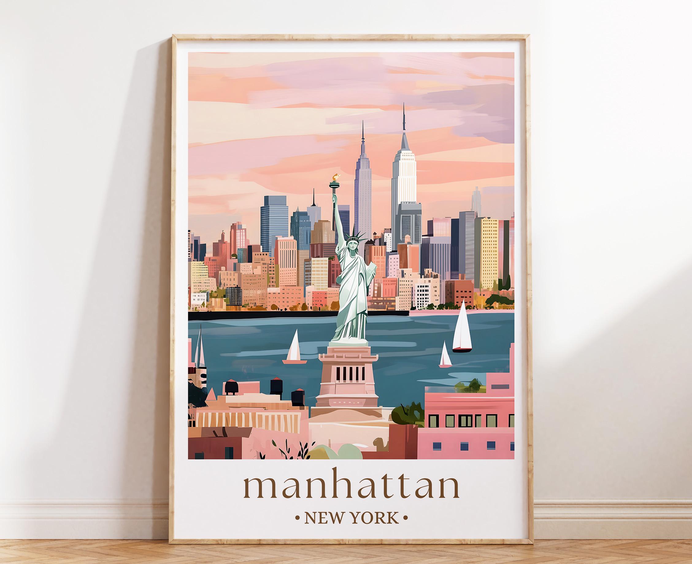Manhattan NYC Travel Poster, Statue of Liberty Art Print, New York ...