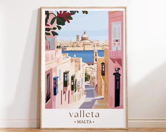 Valletta Malta Travel Poster, European City Art, Mediterranean Coastal Print, Historic Architecture Decor, Summer Travel Gift