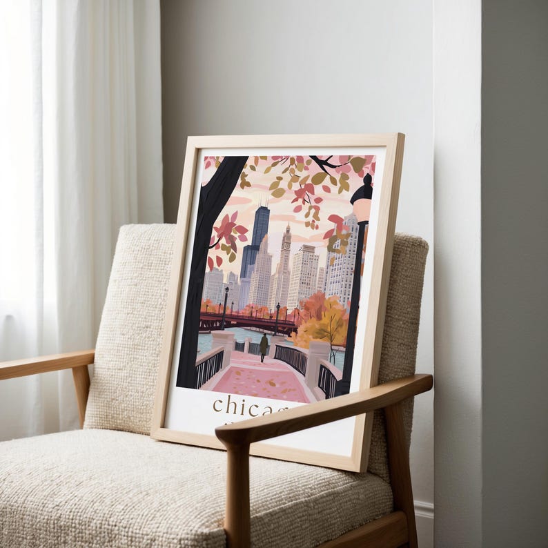 a chair with a picture of a city on it
