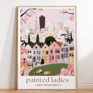 Impression de San Francisco Painted Ladies, affiche de maisons victoriennes, art mural illustré de la Californie