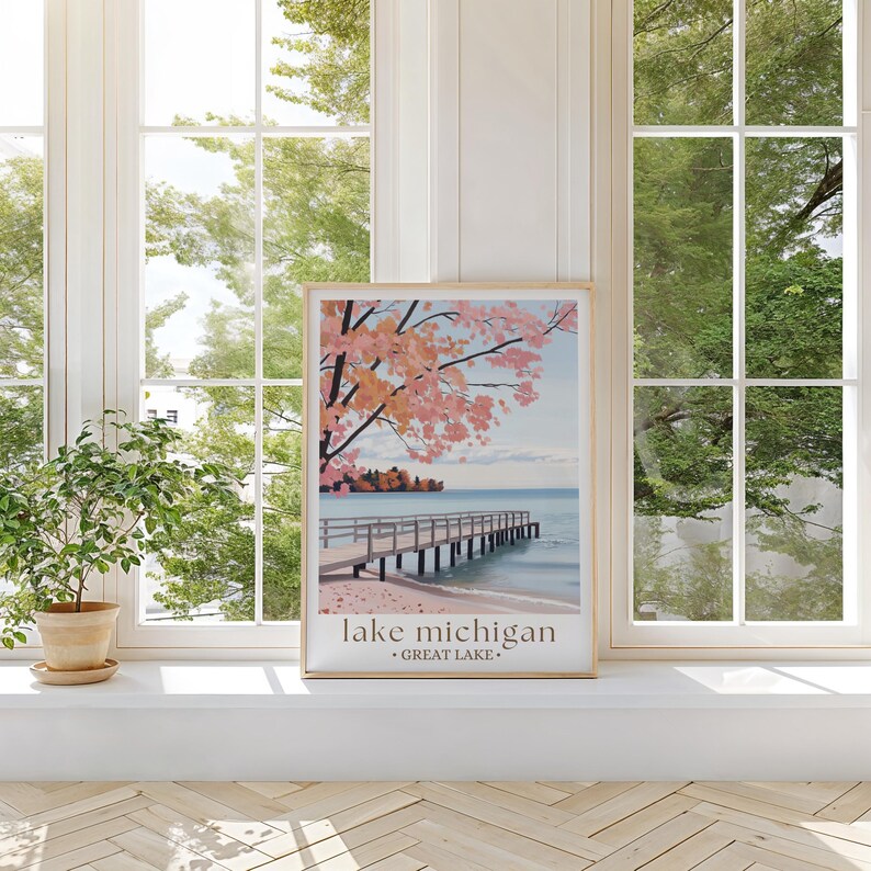 Affiche de voyage d'automne lac Michigan, art du paysage d'automne, impression des Grands Lacs, décoration nature Midwest, art mural saisonnier image 3