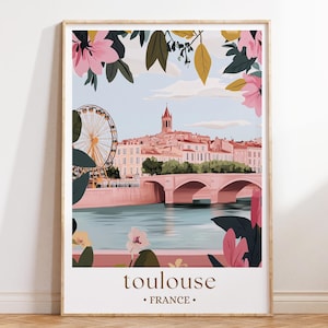 Toulouse France Art Print, Pink City Travel Poster, Illustrated Southern France Wall Decor