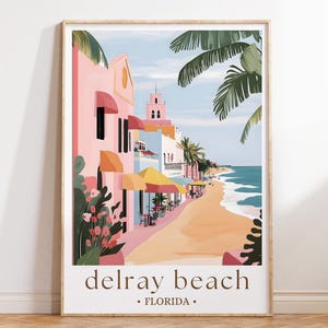 Delray Beach Florida Travel Poster, Ocean Scene Wall Art, Tropical Coastal Decor, Palm Tree Illustration, Sunshine Print