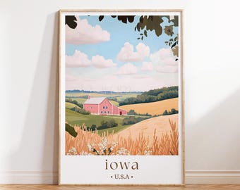 Póster de viaje de Iowa, arte mural del Medio Oeste, lámina de viaje de EE. UU., póster de paisaje rústico americano