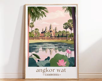 Angkor Wat Cambodia Travel Poster, Ancient Temple Art, Southeast Asia Print, Historic Architecture Decor, Travel Gift