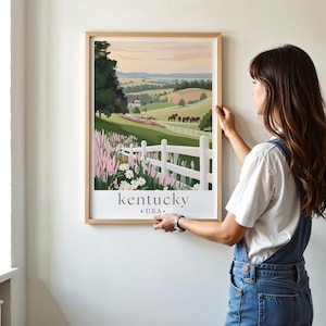 Kentucky Travel Poster, Bluegrass State Pink Green Retro Print Landscape Painting Horses Scenery Custom Travel Print Kentucky Derby Wall Art image 5