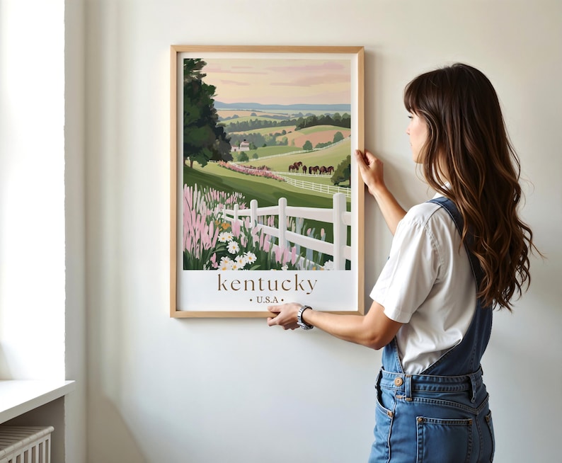 Kentucky Travel Poster, Bluegrass State Pink Green Retro Print Landscape Painting Horses Scenery Custom Travel Print Kentucky Derby Wall Art image 5