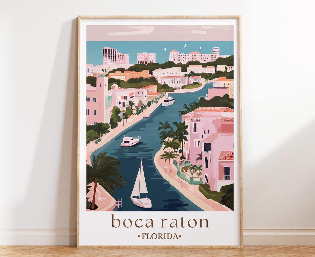Boca Raton Florida Travel Poster, Coastal Landscape Art, Beach Town ...