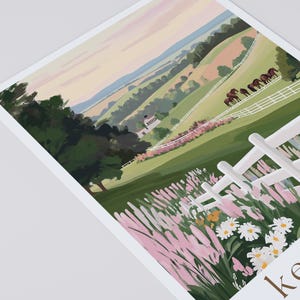 Kentucky Travel Poster, Bluegrass State Pink Green Retro Print Landscape Painting Horses Scenery Custom Travel Print Kentucky Derby Wall Art image 2