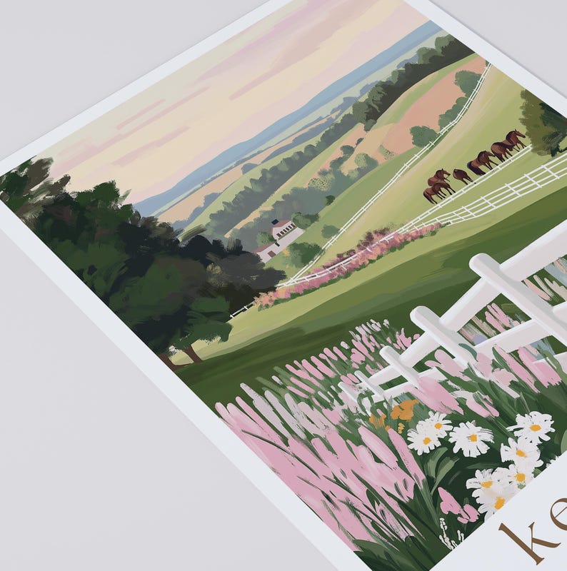 Kentucky Travel Poster, Bluegrass State Pink Green Retro Print Landscape Painting Horses Scenery Custom Travel Print Kentucky Derby Wall Art image 2