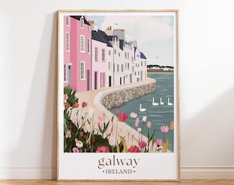 Galway Ireland Art Print, Irish Coastal Town Poster, Illustrated Travel Wall Decor