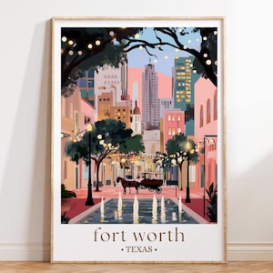 Fort Worth Sundance Square-print, poster Texas City, kunst aan de muur stedelijk nachtleven, festivaldecor, reiscadeau