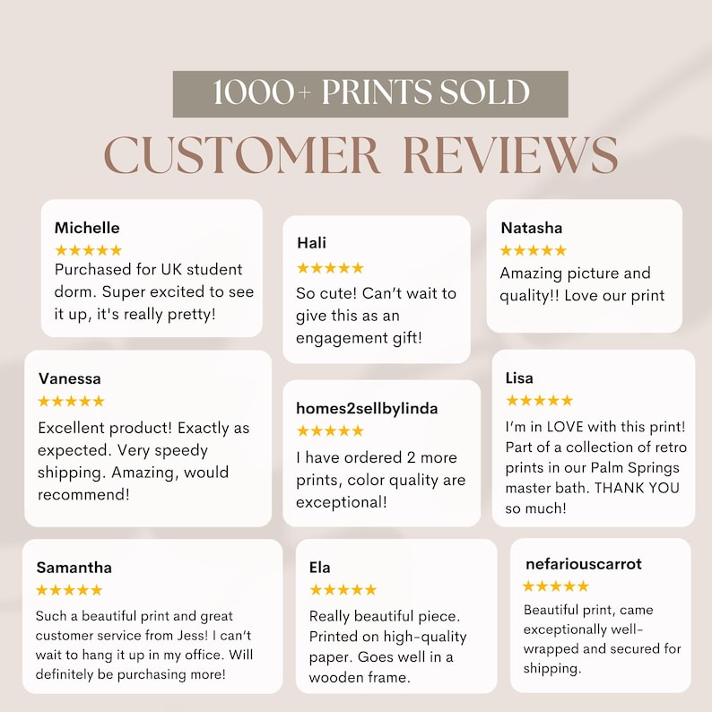 customer reviews of various products, including a print, a product from a company called homes2sellby Linda, and a print from a company called nefarious carrot. The reviews express satisfaction with the products, describing them as excellent, beautiful, and well-quality. The reviews also mention the convenience of ordering more prints and the excitement of receiving the products.