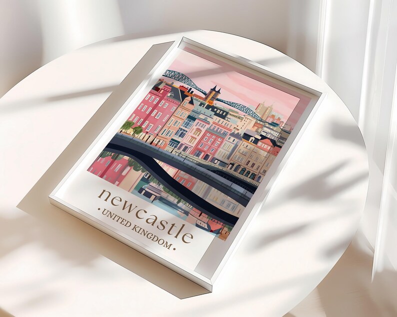 A framed poster of Newcastle, United Kingdom, with a colorful illustration of the city's buildings and landmarks.