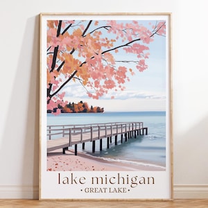 Affiche de voyage d'automne lac Michigan, art du paysage d'automne, impression des Grands Lacs, décoration nature Midwest, art mural saisonnier image 1