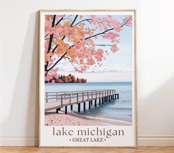 Lake Michigan Fall Travel Poster, Autumn Landscape Art, Great Lakes Print, Midwest Nature Decor, Seasonal Wall Art