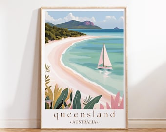 Queensland Australia Travel Poster, Tropical Coastline Art, Nature Print, Australian Beach Decor, Coastal Getaway Gift