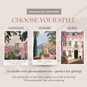The image is a promotional poster for personalized print options. It features three different print designs, each with a unique style and color scheme. The text on the poster encourages customers to choose their preferred style and provides a description of the available options.