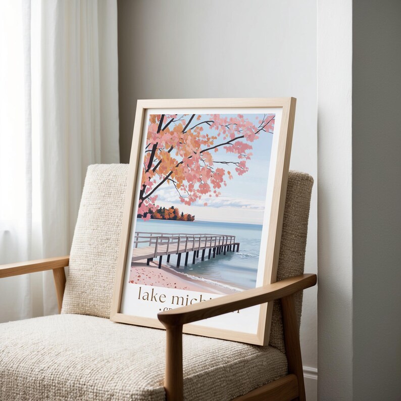 Affiche de voyage d'automne lac Michigan, art du paysage d'automne, impression des Grands Lacs, décoration nature Midwest, art mural saisonnier image 5