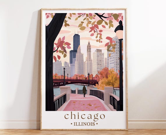Chicago Fall Travel Poster, Autumn Cityscape Print, Seasonal Urban Wall Art, Downtown Decor, Travel Gift