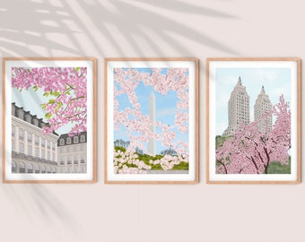 Set of 3 Cherry Blossom Prints, Cherry Blossom Wall Art, Floral Print Set, Wall Art Set, Trio Wall Art, New York gift, Three Frame Prints