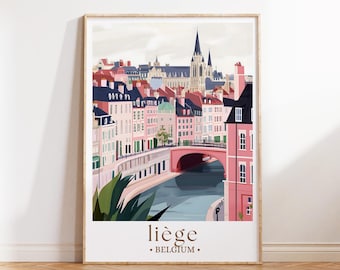 Reseaffisch för Liège, Belgien, historisk stadsväggkonst, europeisk urban illustration, scenisk arkitekturdekor