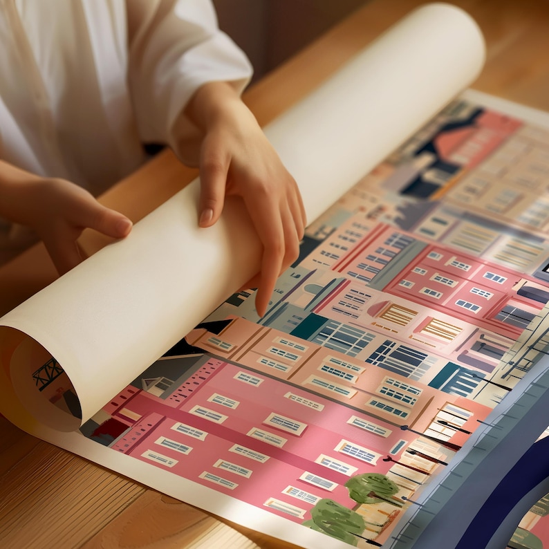 A person's hands are holding a roll of paper over a colorful, illustrated cityscape.