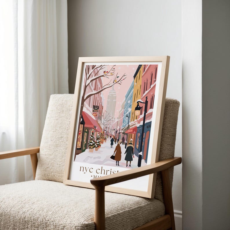 NYC Christmas Travel Print, Manhattan Holiday Poster, Rockefeller Center Wall Art, New York Winter Scene, Festive Home Decor image 4
