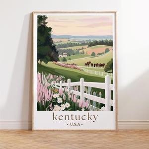 Póster de viaje de Kentucky, pintura de paisaje con estampado retro de color rosa y verde del estado de Bluegrass, paisaje de caballos, impresión de viaje personalizada, arte de pared del Derby de Kentucky