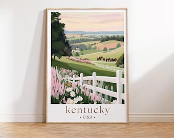 Kentucky Travel Poster, Bluegrass State Pink Green Retro Print Landscape Painting Horses Scenery Custom Travel Print Kentucky Derby Wall Art