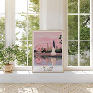 a window sill with a picture of a city and a ferris wheel