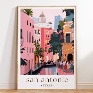 San Antonio Texas Art Print, Historic City Poster, Riverwalk Wall Art, Southwestern Travel Decor, USA Landscape Illustration