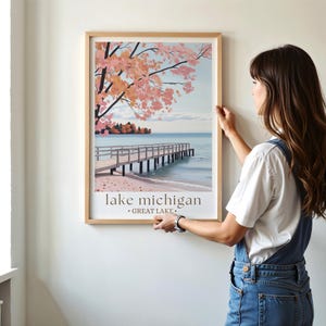 Affiche de voyage d'automne lac Michigan, art du paysage d'automne, impression des Grands Lacs, décoration nature Midwest, art mural saisonnier image 4