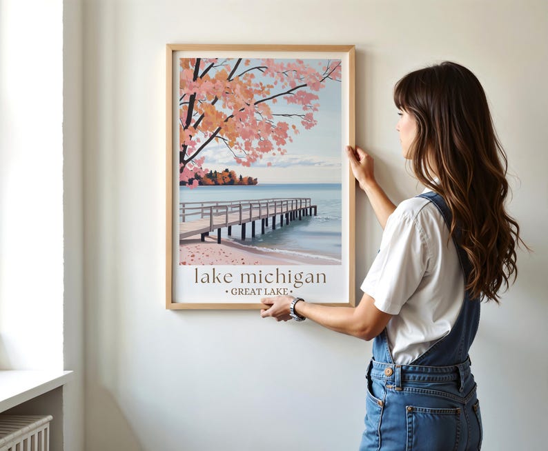 Affiche de voyage d'automne lac Michigan, art du paysage d'automne, impression des Grands Lacs, décoration nature Midwest, art mural saisonnier image 4