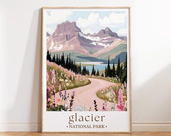 Plakat z Parkiem Narodowym Glacier, malowniczy górski krajobraz do dekoracji przyrodniczych