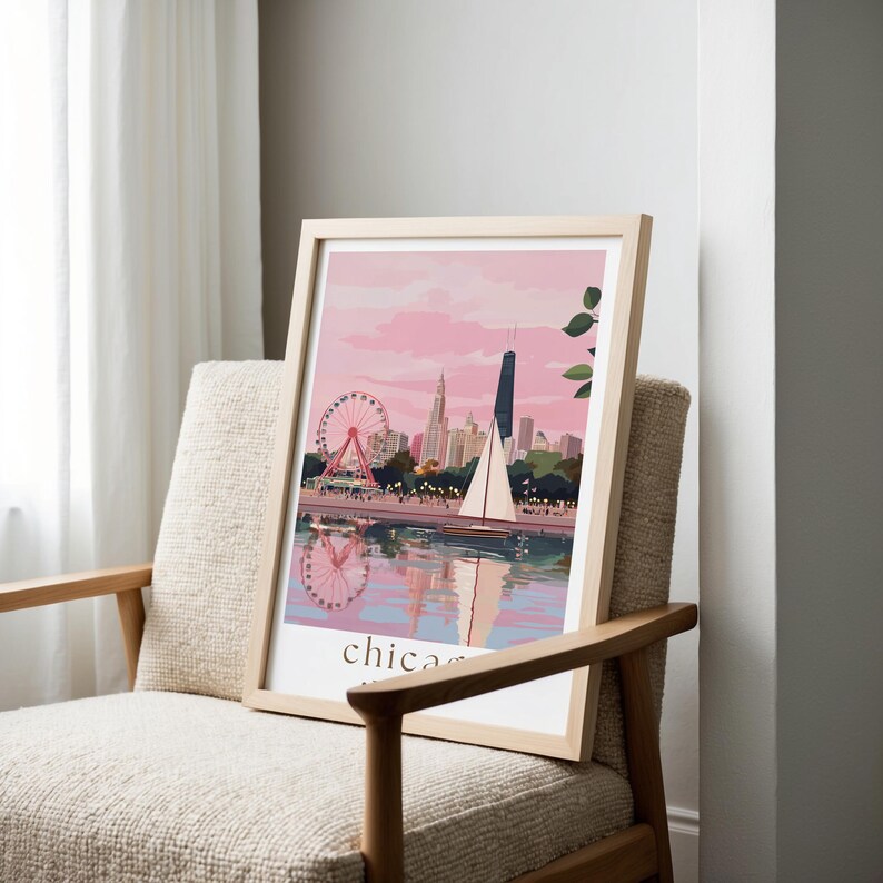 a chair with a picture of a city and a ferris wheel