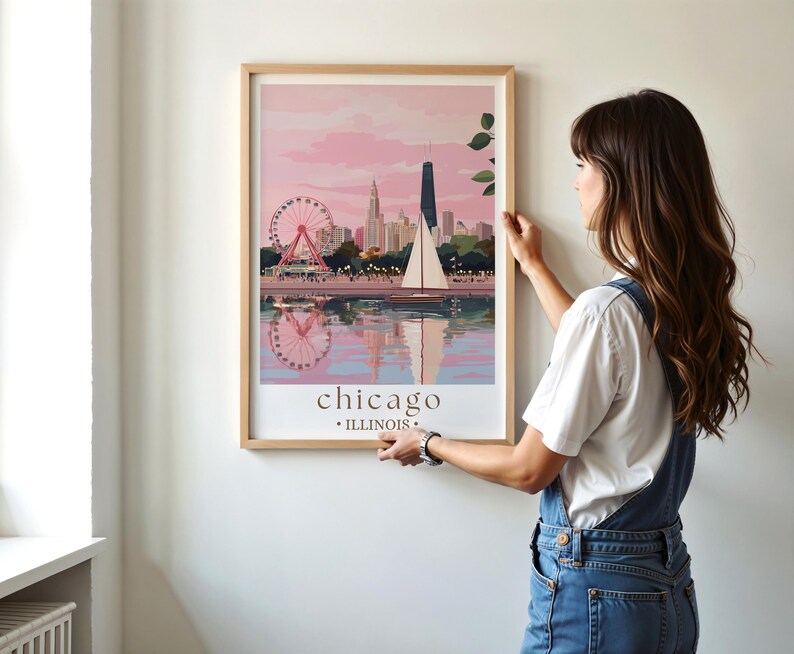 a woman standing next to a wall with a painting on it