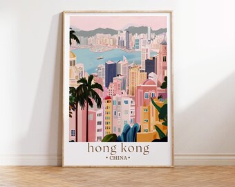Póster de viaje del horizonte de Hong Kong, arte urbano retro, decoración del hogar, decoración de oficina, arte mural artístico para sala de estar, viajes a Hong Kong