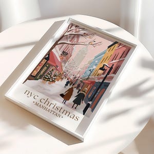 NYC Christmas Travel Print, Manhattan Holiday Poster, Rockefeller Center Wall Art, New York Winter Scene, Festive Home Decor image 2