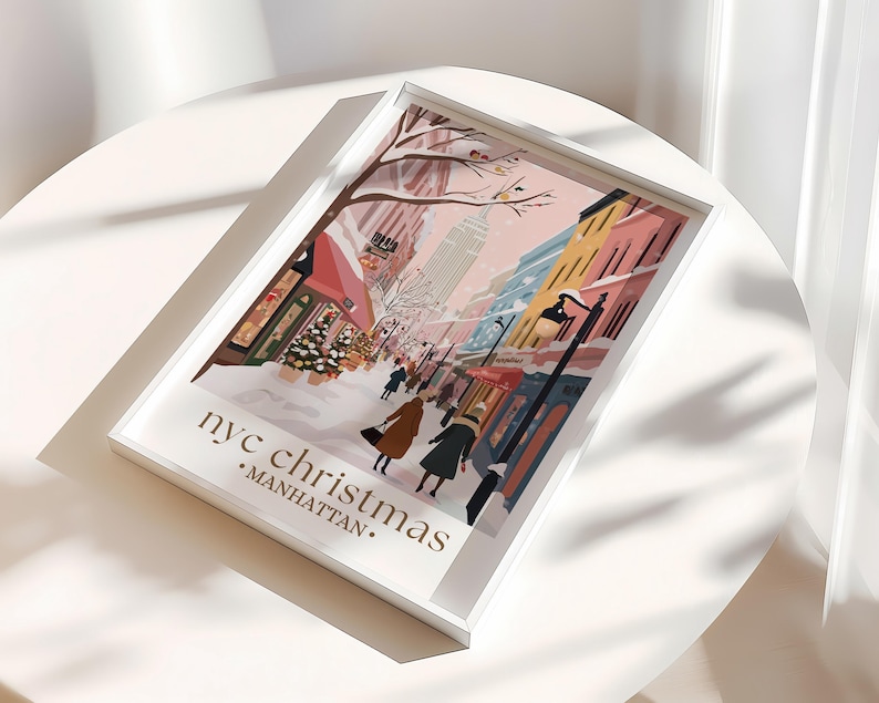 NYC Christmas Travel Print, Manhattan Holiday Poster, Rockefeller Center Wall Art, New York Winter Scene, Festive Home Decor image 2
