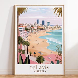 Affiche de voyage de Tel-Aviv Israël, art de la ville méditerranéenne, impression de paysage côtier, décoration de voyage urbain, cadeau escapade à Tel-Aviv