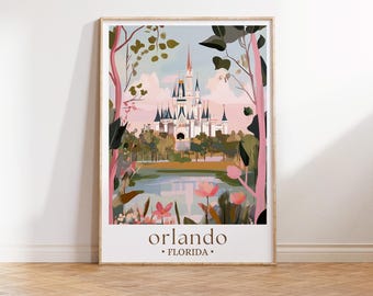 Orlando reseaffisch, Orlando-tryck, Floridas silhuettkonst, minimalistisk stadsbild, pastelldekor, Magic Kingdom-present