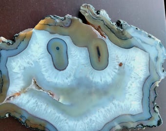 May include: A polished agate slice with a natural pattern. The stone features concentric bands of white, blue, brown, and black, creating a unique, organic design. The agate has a smooth, glossy surface and is likely used for decorative purposes.