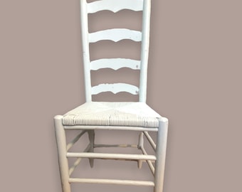 Vintage White Mid-Century Ladder High Back Wooden Dinning Chair W/ Rush Seating