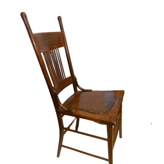 Antique Highback Carved Flowers in Wood Dining Chair With Wood