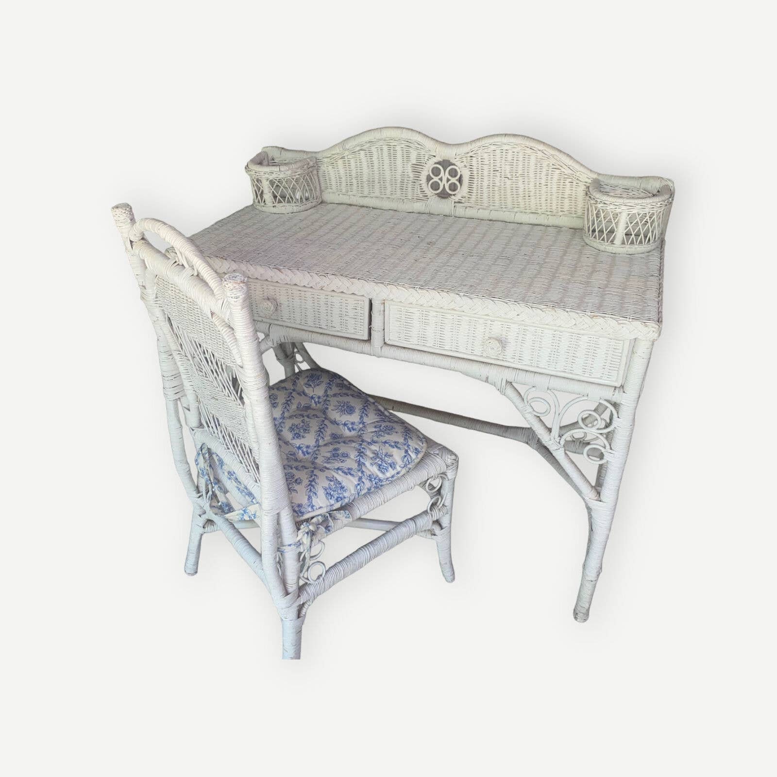 Vintage Wicker Desk Vanity Makeup Table With Chair White Etsy