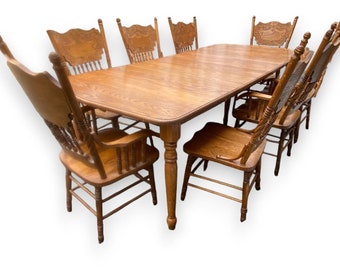 12 PC Vintage Oak Wood Farmhouse Dining Set w/ 8 High Pressback Chairs *Rare*