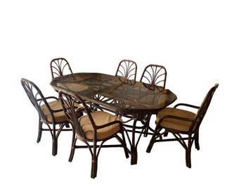 Vintage Bamboo Rattan Oval French Country Glass Dining Table & 6 Chairs Brown