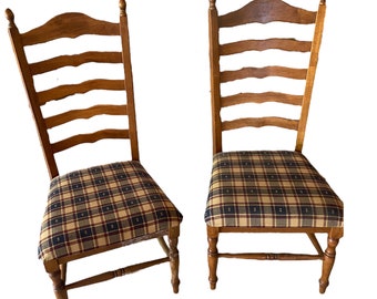 High Ladderback Chairs with Plaid Upholstery Seating (Set of 2)